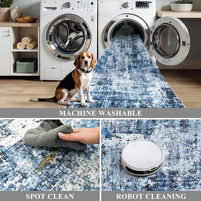 3x4 Washable Entryway Area Rug - Non-Slip Modern Small Indoor Mat for Bathroom,Living Room,Bedroom - Abstract Neutral Soft Low-Pile Throw Carpet with Rubber Backing（Blue）