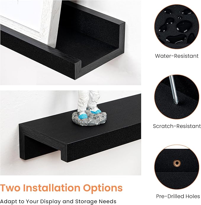 RICHFOCUS Picture Ledge Shelf, 36 inch Floating Shelves Set of 2, Wood Wall Shelves with Lip, Wall Decor Storage for Bedroom Living Room Bathroom Kitchen Nursery Photo Picture, Black