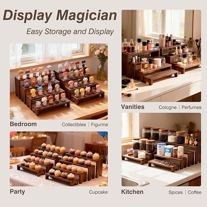 Wooden Tiered Risers Display Stands - 2 Set 8pcs Perfume and Cologne Shelf Organizer,Large Wooden Cupcake Dessert Table Display Set,Vendor Booth Display Items,Rustic Food Display Risers for Party and Events