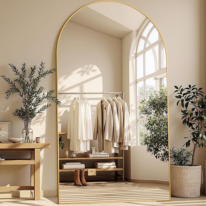 Full Length Mirror, 76"x44" Arched Floor Mirror Freestanding, Floor Standing Full Body Mirror with Stand for Bedroom, Hanging Mounted for Living Room Cloakroom, Gold