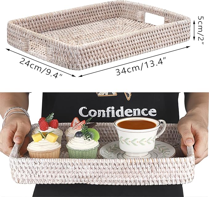 Hipiwe Rattan Serving Tray with Handles Handwoven Basket Tray for Storage Breakfast Dessert Fruit Decorative Tray for Coffee Table, Whitewash