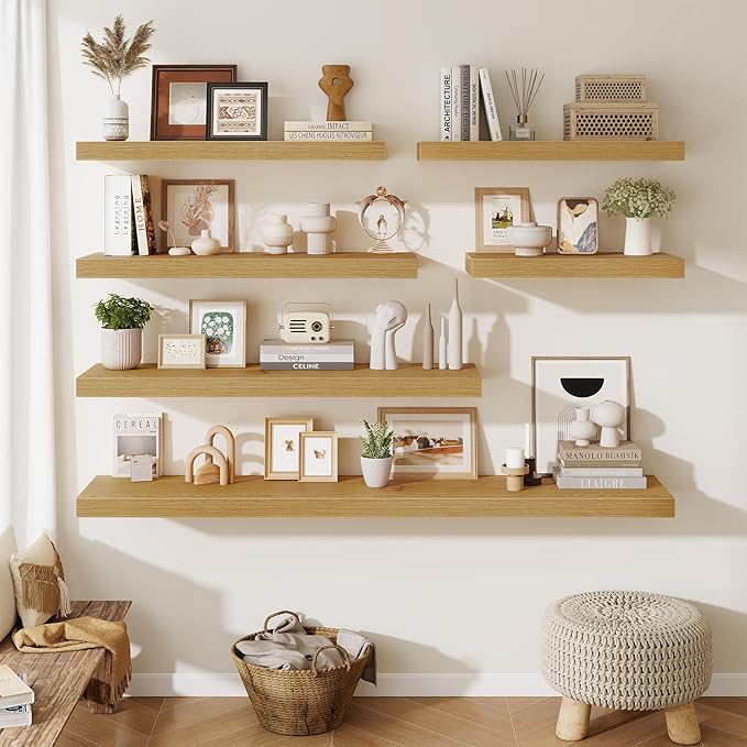 Fun Memories 72 Inch Fireplace Mantel Shelf, 12 Inch Deep Shelves for Display & Wall Storage, Rustic Wood Wall Shelf, Extra Long Floating Shelves for Living Room Laundry Room, Oak, Set of 1