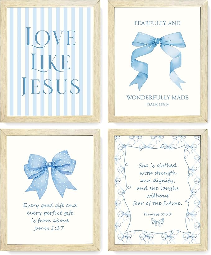 LARTSFRO Coquette Blue Bow Jesus Wall Art Decor Posters, Light Blue Bow Room Bedroom Bathroom Dorm Wall Art Decor Aesthetic for College Teen Girls Gifts, Inspirational Bible Verses Bow Wall Decor, 10x8 Inch Set of 4 Bow Pictures (WOOD-GRAIN IMITATION F...