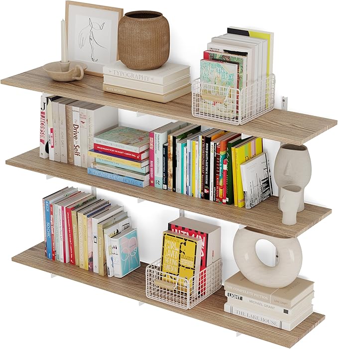 Wallniture Turin 48"x 10" Rustic Floating Wall Storage Shelf, Wall Book Shelves with Adjustable Metal White Brackets, Storage Shelving Unit, Garage, Pantry, Burnt