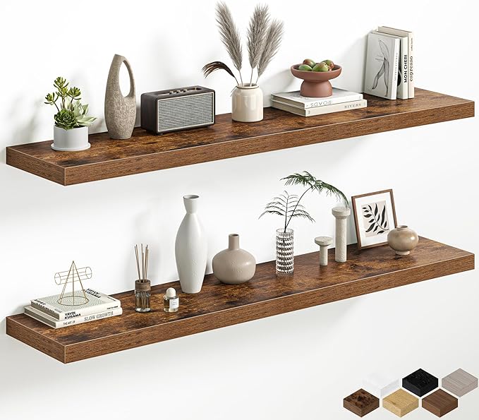 Brown Floating Shelves for Wall, 55 Inch Floating Shelves Set of 2, Wall Mounted Rustic Wood Shelf for Bathroom, Living Room, Bedroom and Kitchen, Hanging Shelf for Storage, Books, Home Decor