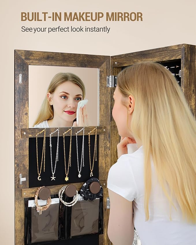 Hzuaneri 8 LEDs Jewelry Cabinet Armoire, 66.9-inch Jewelry Organizer with Garment Rack, Lockable Full-length Mirror with 4 Wheels, Storage Shelves with Hooks, 5-in-1, Toasted Oak JC17007B