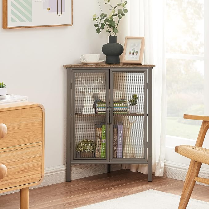 VECELO Corner Cabinet/Table, 3-Tier Display Shelves with Protection Door, Metal Frame Storage Shelf Organizer for Small Space, Living Room, Kitchen, Bathroom