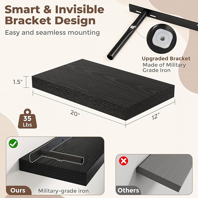 12 Inch Deep Floating Shelves for Wall, 20 x 12 Rustic Wood Grain Bathroom Shelves with Invisible Brackets, Easy Install Wood Storage Shelves for Kitchen, Living Room, Bedroom, Black, Set of 2