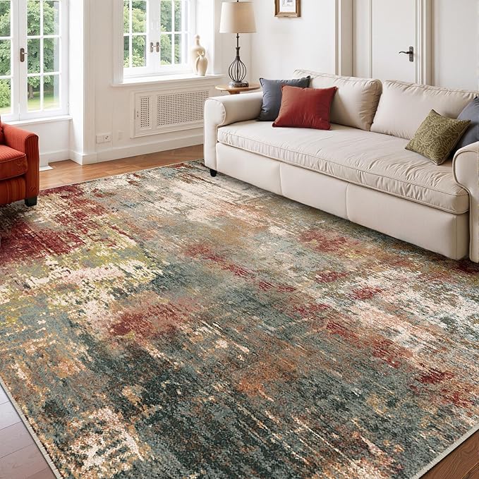 RELEANY Washable Area Rugs 9'x12' Non-Slip Modern Abstract Soft for Living Room Entryway Bedroom Nursery, Print Pattern, Brown Rust Red Green Blue Multi