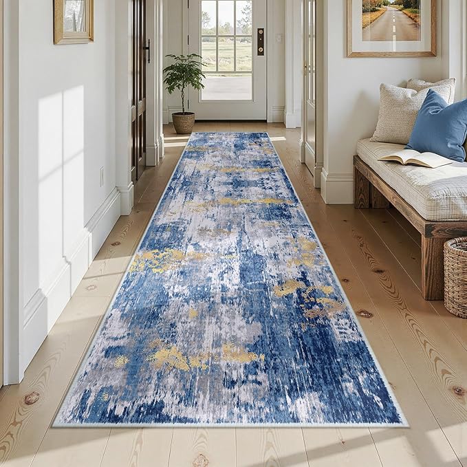 RELEANY Washable Area Rugs 3x12 Non-Slip Modern Abstract Soft for Living Room Entryway Bedroom Nursery, Print Pattern, Grey Blue Gold/Golden