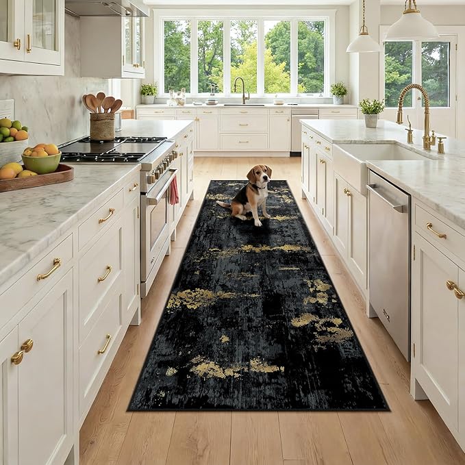 RELEANY Washable Area Rugs 2'6"x8 Non-Slip Modern Abstract Soft for Living Room Entryway Bedroom Nursery, Print Pattern, Dark Black Gold