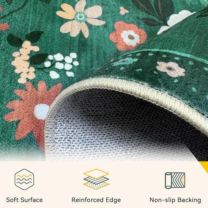 RELEANY Floral Nursery 5x7 Area Rugs Washable Print Boho Cute Carpet Non Slip Flower Low Pile for Living Room Kids Girls Playroom Bedroom Kitchen Office Farmhouse-Dark Green