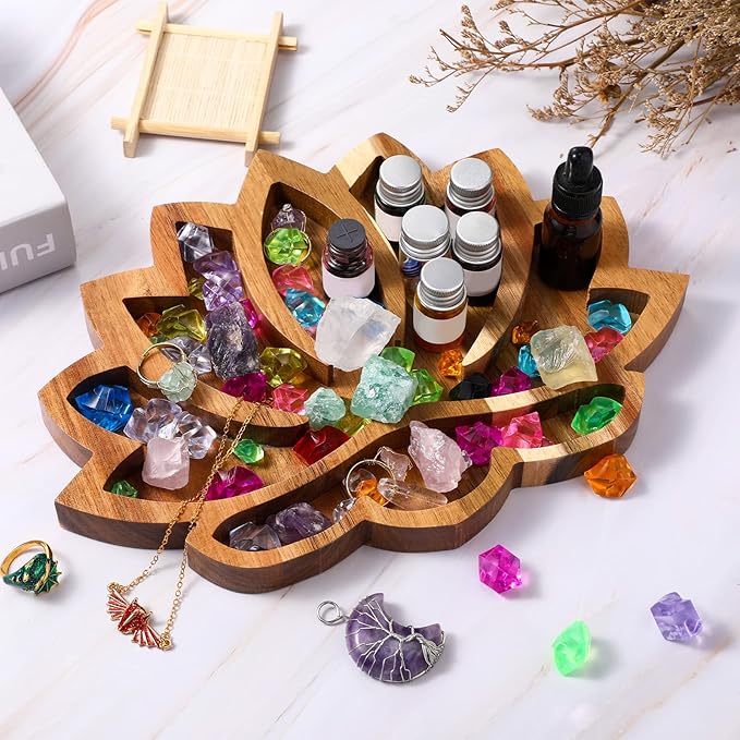 Vesici Lotus Crystal Tray for Stones Crystals and Healing Stones Flower Wooden Crystal Storage Holder Tray Lotus Shape Decorative Jewelry Display Trays Organizer Bowl Decor(Classic)