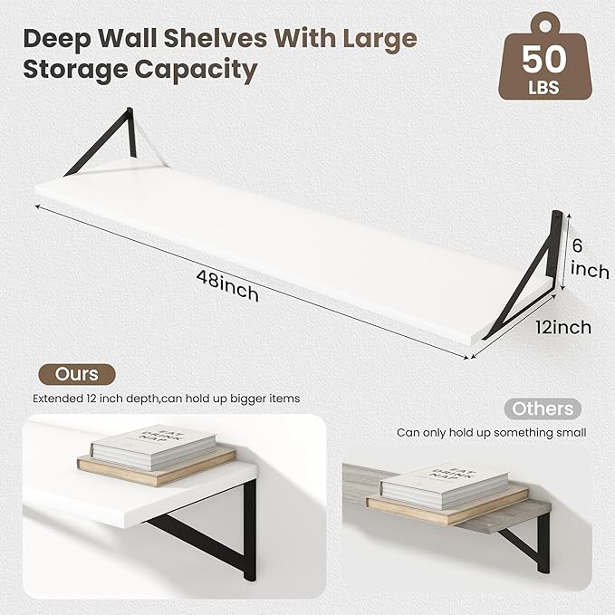 Marsmiles White Floating Shelves for Wall - 48 Inch Wide x 12 Inch Deep Wall Shelves Set of 2 - Wood Floating Shelves for Living Room Bedroom Bathroom