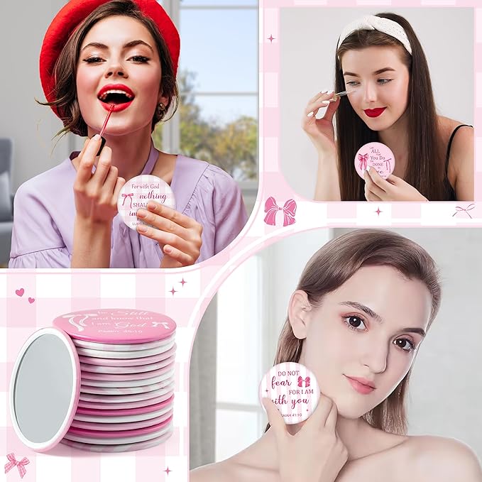 Y1tvei Bow Bible Compact Mirrors - 36Pcs Bowtie White Pink Bible Verse Mini Compact Mirrors, Bow Knot Small Portable Round Pocket Mirror Christian Inspirational Church Party Favors Gifts for Women