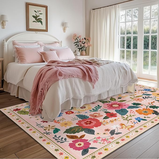 RELEANY Floral Nursery 5x8 Area Rugs Washable Print Boho Cute Carpet Non Slip Flower Low Pile for Living Room Kids Girls Playroom Bedroom Kitchen Office Farmhouse-Pink