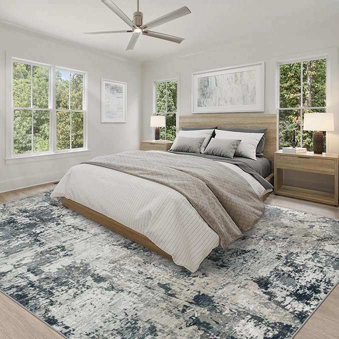 XLUEZ 9x12 Area Rug for Living Room, Washable Modern Abstract Large Area Rug Neutral Soft Non Slip Kids Rug Stain Resistant Indoor Carpet for Bedroom Dining Room Playroom Office(GreyWhite, 9'x12')