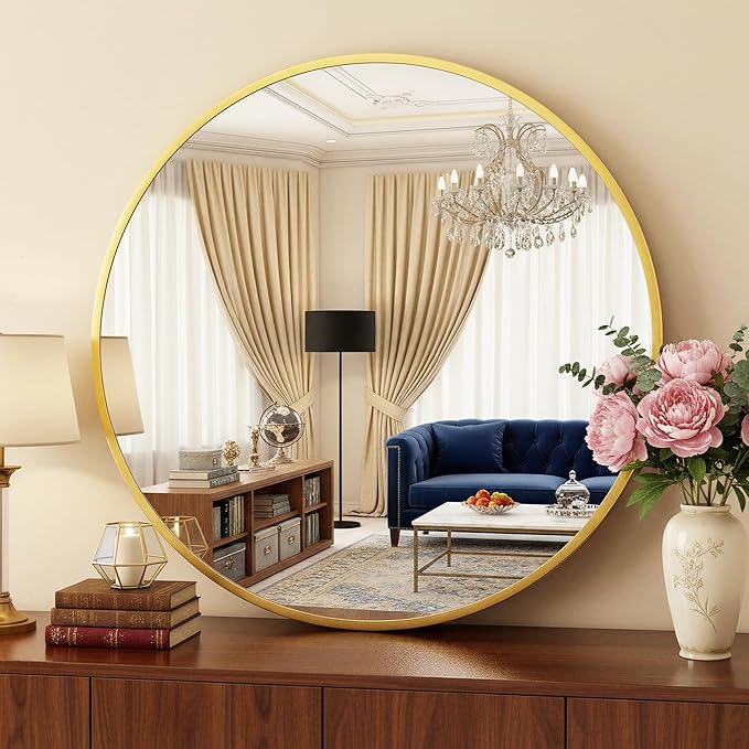 Antok 36 Inch Round Mirror for Wall, Round Bathroom Mirror, Circle Wall Mirrors with Gold Metal Frame, Circle Mirrors Suitable for Wall, Bathroom, Vanity, Living Room, Entryway