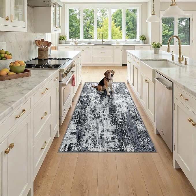 RELEANY Washable Area Rugs 3x6 Non-Slip Modern Abstract Soft for Living Room Entryway Bedroom Nursery, Print Pattern, Black Navy Blue Gray