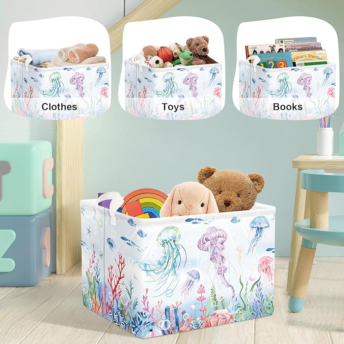 Ocean Animals Baby Laundry Hamper Collapsible Clothes Kids Storage Basket Large Boys Girls Gift Toy Box Bin for Nursery Room, Colorful Jellyfish, 36L
