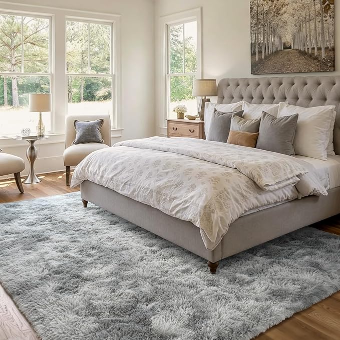 4x6 Ft Shag Rugs for Bedroom Living Room, Tie-Dyed Ultra Soft Fluffy Furry Area Rugs for Indoor Floor, Aesthetic Carpet for Kids Home Decor (Grey)