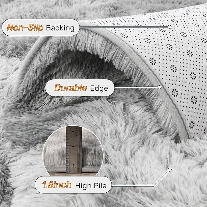 8x10 ft Rug for Living Room Fluffy Grey White Shag Rug Non-Slip Area Rugs Carpet for Bedroom Nursery Kids PlayRoom Dorm Office Indoor Modern Plush Carpets