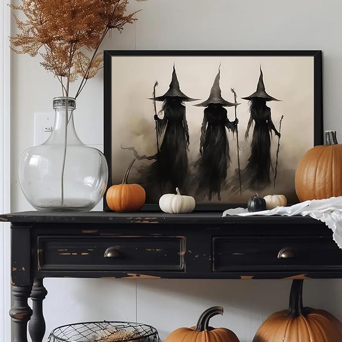 Framed Vintage Witch Canvas Wall Art - Halloween Witchy Wall Decor - Gothic Decor Aesthetics, Creepy Three Witches Rustic Macabre Dark Artwork Prints for Living Room Bedroom 12x16 inch