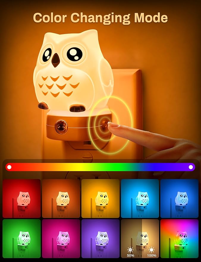 Owl Night Lights Plug Into Wall, Cute Night Light for Kids, 8-Color LED Night Light with Dusk to Dawn Sensor, Decorative Nightlight for Kid Room, Bathroom, Bedroom, Children Christmas Gift, 1 Pack