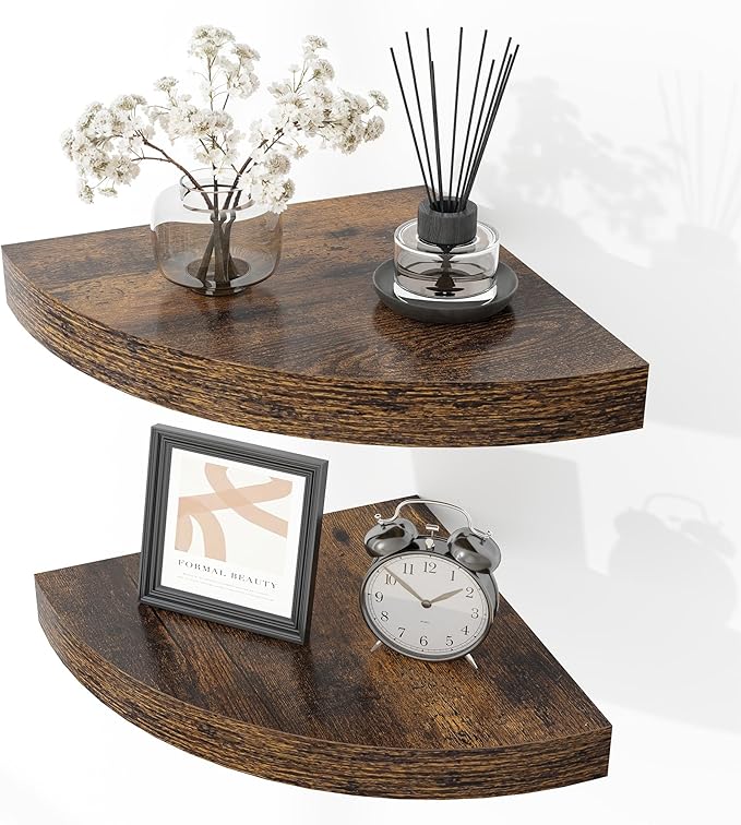 Fun Memories Floating Corner Shelves Set of 2 - Rustic Wood Wall Mounted Storage and Display Shelves for Living Room, Bedroom, Kitchen, Bathroom - Space Saving Home Decor, Brown