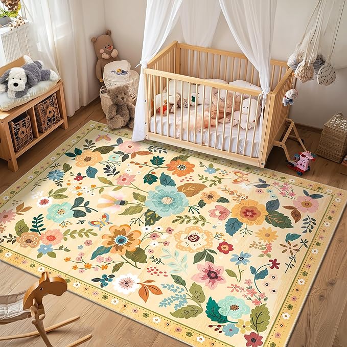 RELEANY Floral Nursery 8x10 Area Rugs Washable Print Boho Cute Carpet Non Slip Flower Low Pile for Living Room Kids Girls Playroom Bedroom Kitchen Office Farmhouse-Ivory/Yellow
