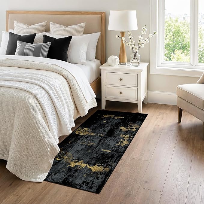 RELEANY Washable Area Rugs 3x6 Non-Slip Modern Abstract Soft for Living Room Entryway Bedroom Nursery, Print Pattern, Dark Black Gold
