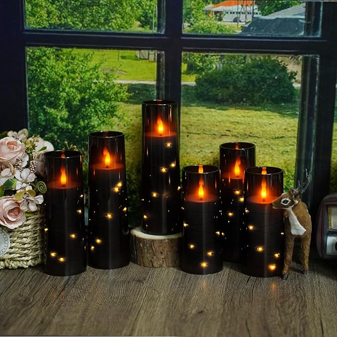 Eebuss Flameless Candles with Embedded Star String, Battery Operated LED Pillar Candles with Timer and Remote Control,Home Decorating for Ambiance， Set of 7(Black)