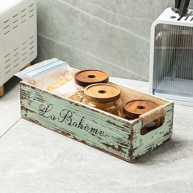 TIMRIS Farmhouse Distressed Wooden Storage Box, Rustic Bathroom Decor Box, Decorative Toilet Tank Basket, Vintage Countertop Organizer Box with Handles (Distressed Green)