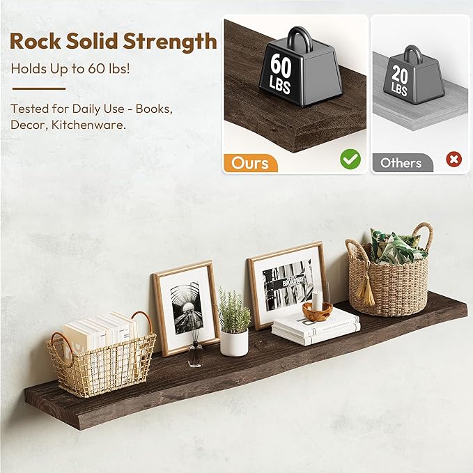Vivelove Live Edge 48 Inches Floating Shelves for Wall, Elm Wood, Rustic Farmhouse Wall Shelf with Invisible Bracket for Living Room Bedroom Bathroom Office Book - Set of 1 - Dark Walnut