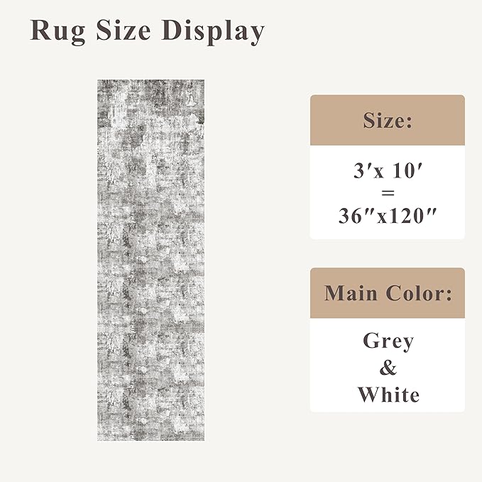 3x10 Ft Long Runner Rug for Hallway and Kitchen – Non-Slip Washable Floor Runner for Indoor Entryway, Bedroom, Living Room,Modern Abstract Low-Pile Thin Carpet (Grey)