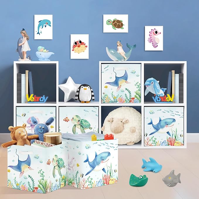 11.8" Marine Animals Cube Storage Organizer Set 3Pcs Ocean Sharks Turtles Cube Storage Bin for Bathroom/Bedroom Kid Book Toy Chest, Jellyfish