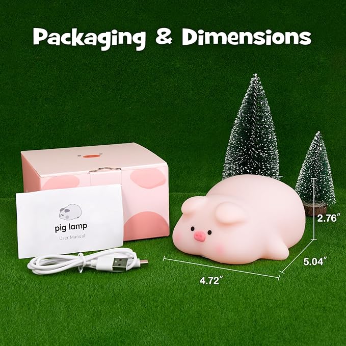 Squishy Pig Night Light 3 Brightness Adjustable Cute Lying Flat Piggy Light with Timer Nursery Breastfeeding Nightlight Rechargeable Silicone Touch Bedside Animal Lamp for Home Bedroom Dorm Decor