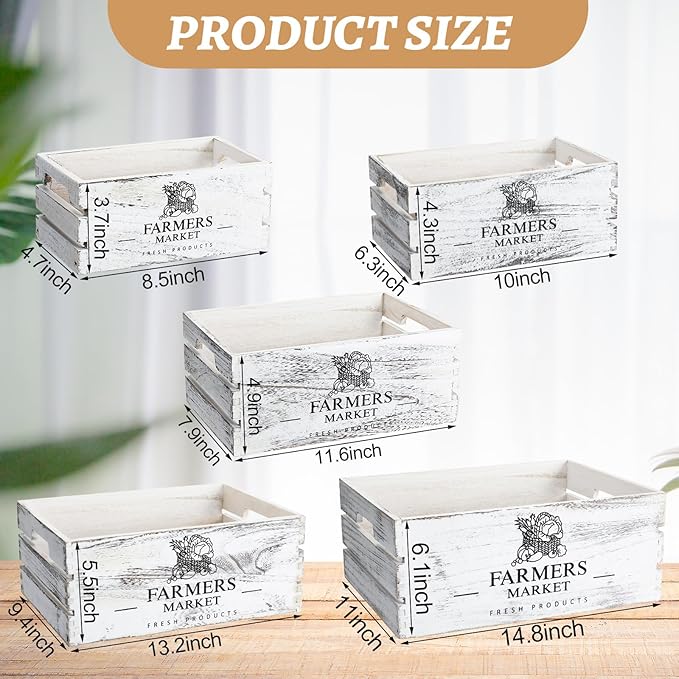 Barydat Set of 5 Wood Crates for Display Decorative Nesting Wooden Crate Storage with Handles Vintage Farmhouse Style Decorative Boxes Multipurpose Fruits Vegetables Boxes (Rustic White,Elegant)