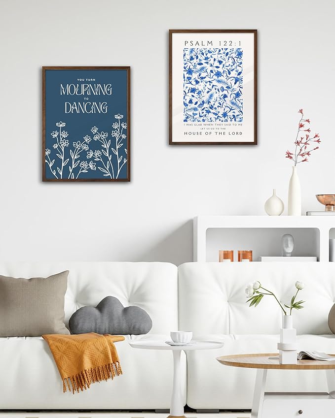 EcoHest Walnut Color OAK Wood Jesus Framed Wall Art, 12x16in Psalm 122:1 Bible Verse Christian Wall Art, Modern Blue Bedroom Decor For Living Room Bathroom Religious Gift 1Pack