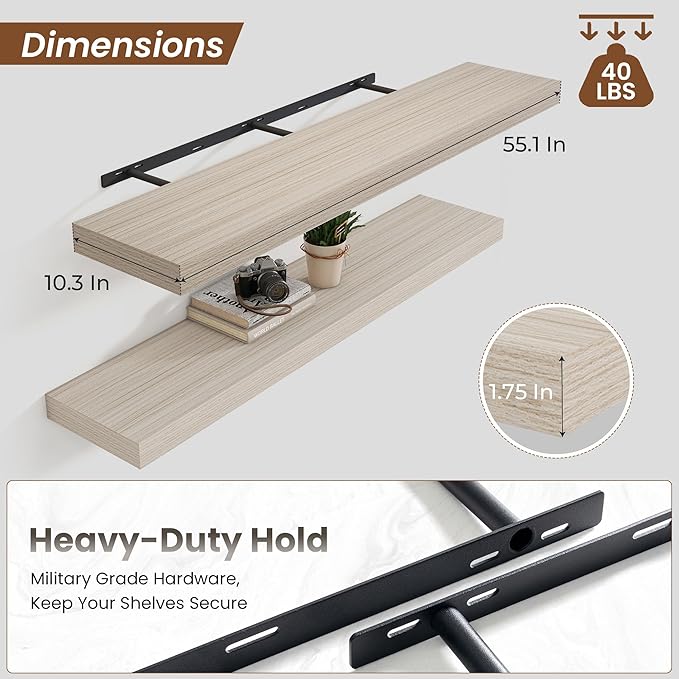 Heimlove Floating Shelves for Wall 55 Inch Long,Extra Large and Thick Wood Shelves Mounted Storage Hanging Shelf Invisible Bracket for Bedroom,Living Room,Kitchen,Office,Set of 2,Grey