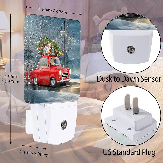 Retro Red Car Night Light, Christmas Tree Plug into Wall with Dusk to Dawn Light Sensors, Warm Nightlights for Bedroom,Bathroom, Hallway, Kitchen,Gifts Ideal for Boys Girls Women Men