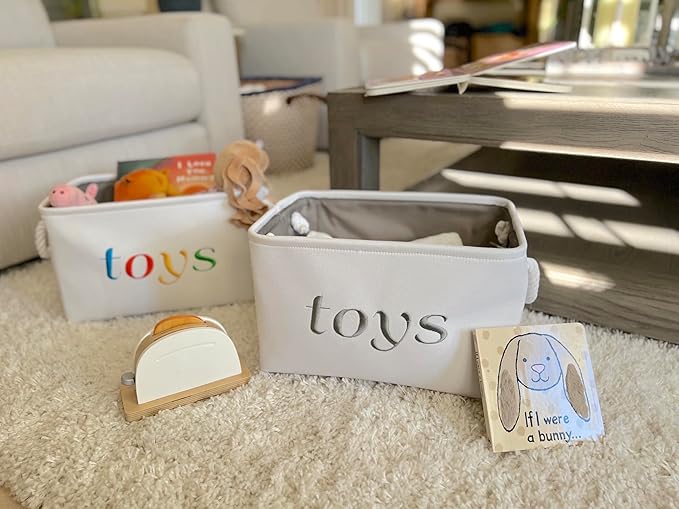 APPLE PIE ORDER Nursery basket, Storage & organizer Bin for Baby, Diapers, Wipes, Books, Toys. White Canvas fabric Decorative Box with Embroidering. (Toys - Gray, Medium)