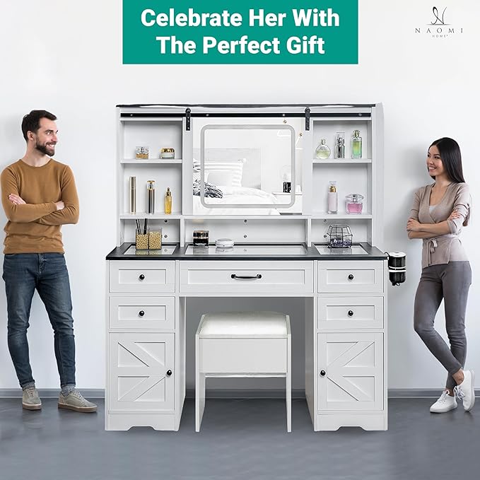 Naomi Home 47" Farmhouse Makeup Vanity with Sliding Mirror, Glass Top Organizer, 3-Color LED Lights, Charging Station, 5 Drawers, 2 Cabinets & Stool – White Dressing Table