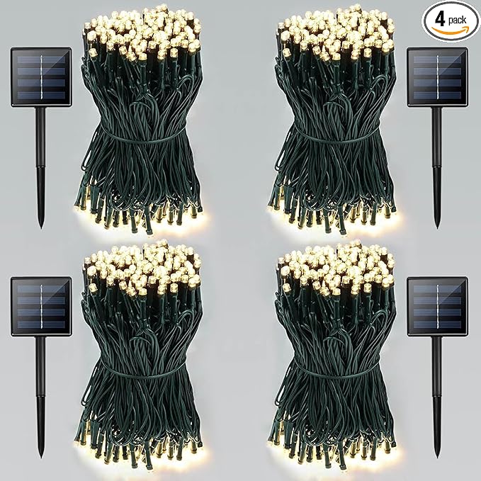 4 Pack Total 800 LED Solar Christmas Lights Outdoor, Solar String Lights for Outside with 8 Modes, Waterproof Green Wire Solar Powered Tree Light for Xmas Party Yard Garden Decorations (Warm White)