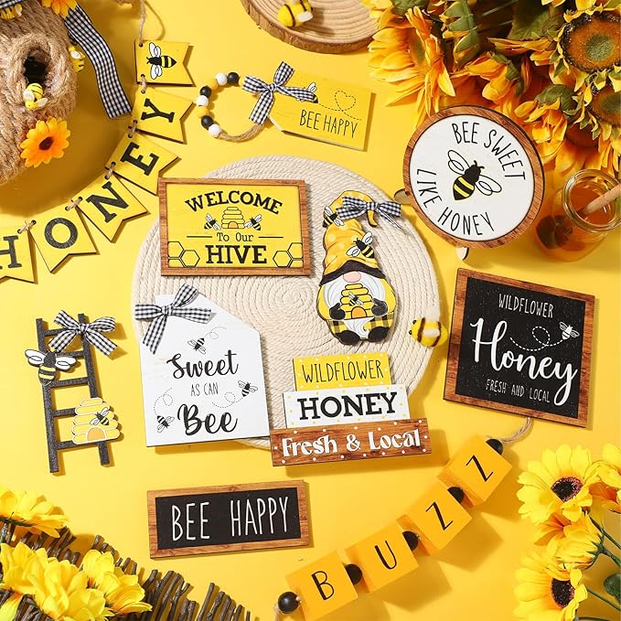Bucherry 17 Pcs Spring Honey Bee Tiered Tray Decor Set Bee Wooden Signs Gnome Yellow Truck Honey Table Decor Spring Summer Farmhouse Table Signs Decoration