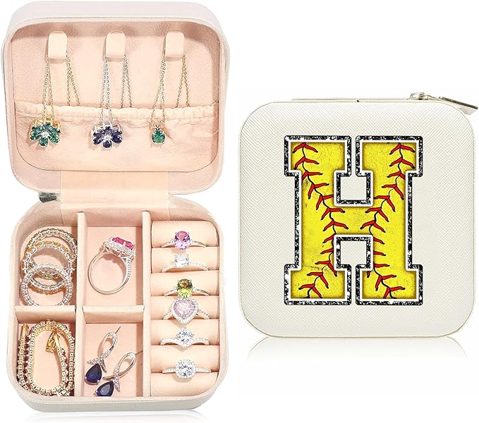 Softball Initial H Travel Jewelry Case,Valentine's Day Gift Softball Gifts for Teen Easter,Jewelry Box Personalized Softballs Accessories Letter Birthday Gifts for Players Coach Team Mom