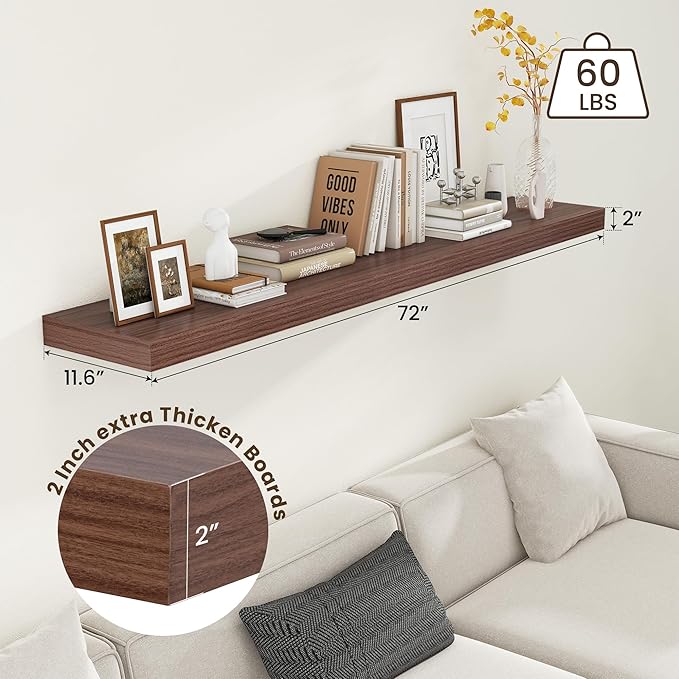 FLYJOE 72 Inch Walnut Floating Shelf | 12 Inch Deep Floating Shelves Set of 1 | 72" D x 12" D Rustic Wood Shelves for Wall | Deep Walnut Shelves for Living Room Bathroom Laundry Room Kitchen