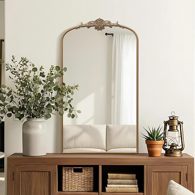 Besdomus Vintage Gold Arched Mirror: 24"x42" French Large Arch Gold Antique Vanity Wall Mounted Mirror - Traditional Ornate Metal Framed for Entryway/Fireplace/Bathroom - Idea for Homemakers