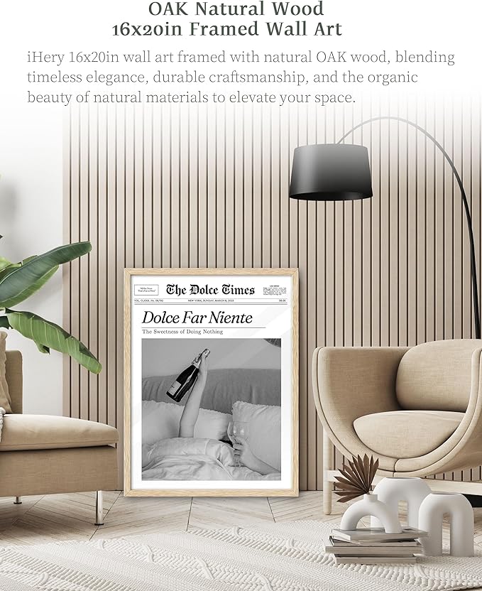 iHery Dolce Far Niente Framed Trendy NewsPaper Wall Art, Natural OAK Wood Large 16x20in Canvas Wall Art Bedroom,The Sweetness of Doing Nothing,La Dolce Vita Home Decor For Living Room Dorm 1Pack