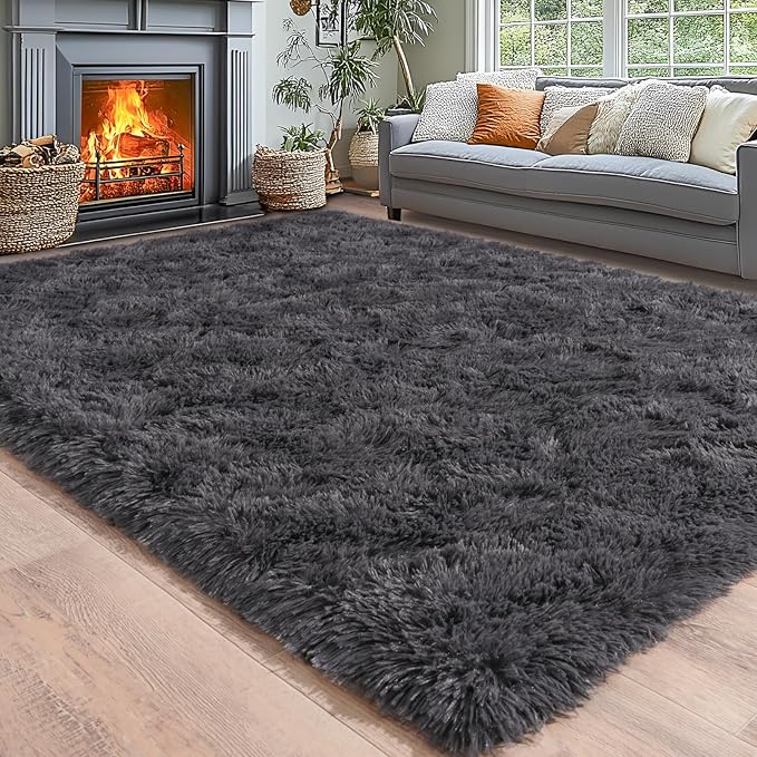 Area Rugs for Living Room 6x9, Ultra Soft Fluffy Rug for Bedroom, Modern Shaggy Carpets Fuzzy Rug for Girls Boys Room Home Indoor Nursery Teens Dorm Decor, Upgrade Non-Slip Durable, Charcoal Grey